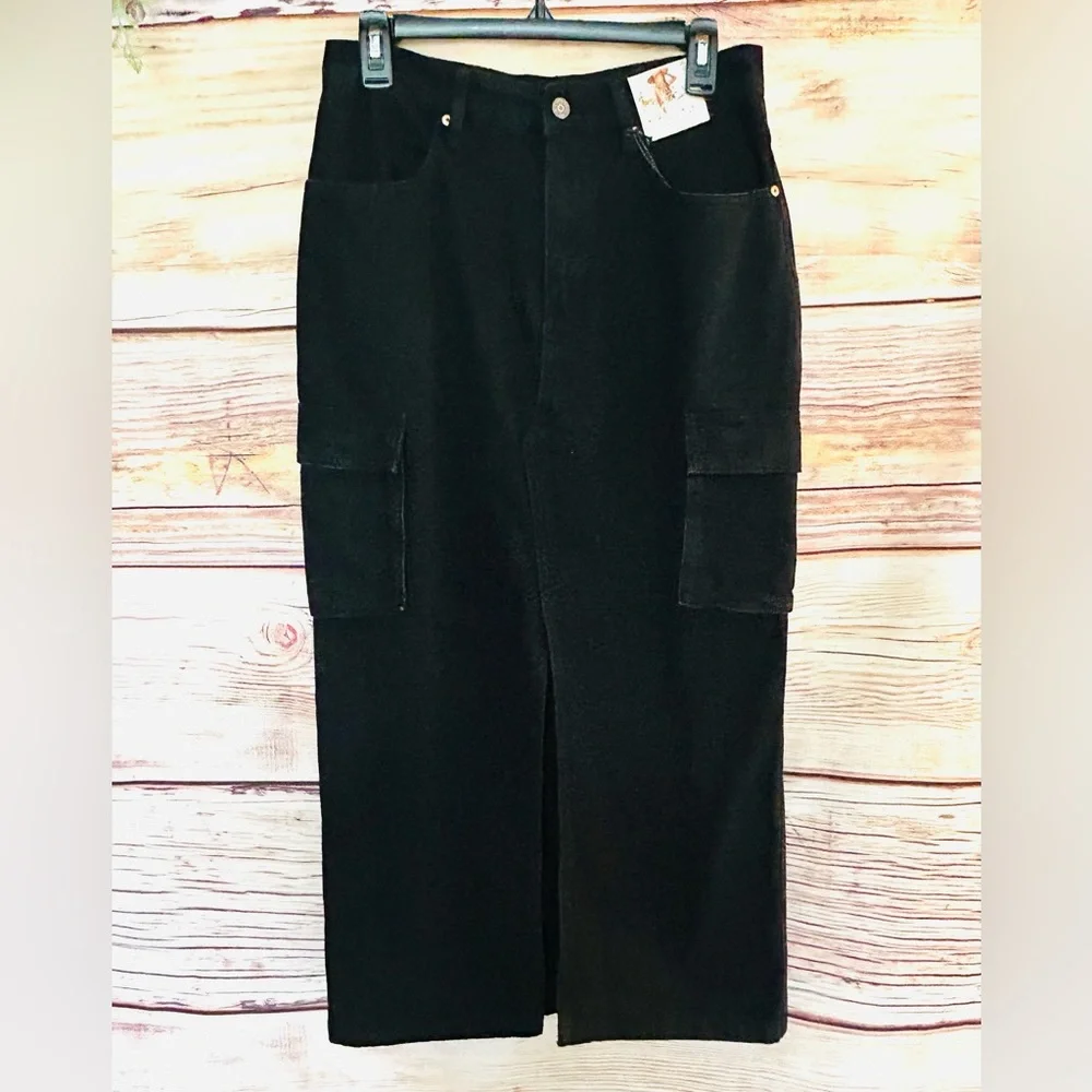 Sincerely Jules Women’s Black Front Slit Cargo Maxi Denim Skirt Size 9/28 NWT